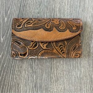 Tooled leather floral tan wallet with mirror inside
